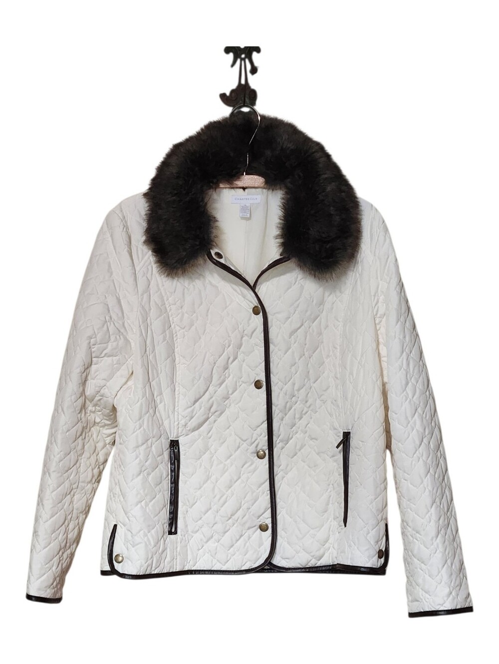 Charter Club Quilted Cream Jacket with Removable Faux Fur Collar Size Large